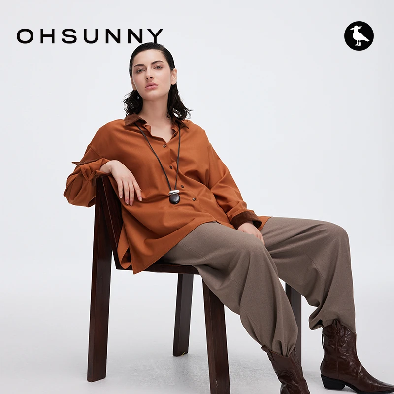 ohsunny羊毛衬衫女新款宽松琥珀流光复古撞色衬衣老钱高智慵懒风