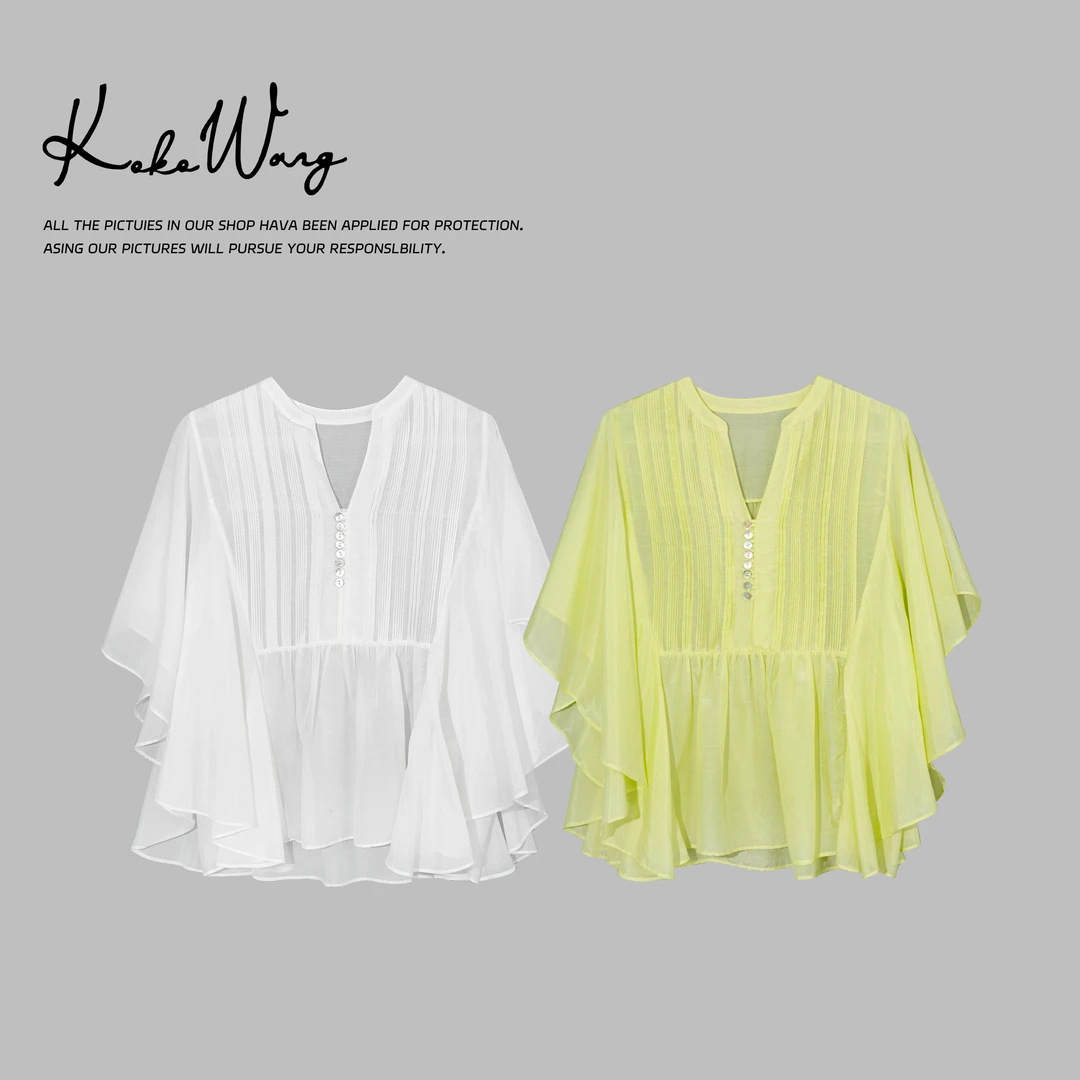KOKOWANG法式气质蝴蝶袖宽松显瘦百搭桑蚕丝衬衫上衣470685C01T44