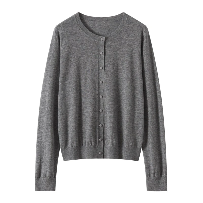 DY711 精纺羊毛圆领包扣开衫薄外套针织衫上衣宽松纯色百搭羊毛衫