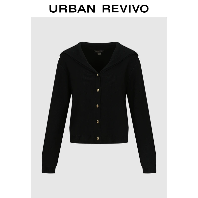 UR2025冬季新款女装都市气质金色排扣翻领针织开衫ULG950011