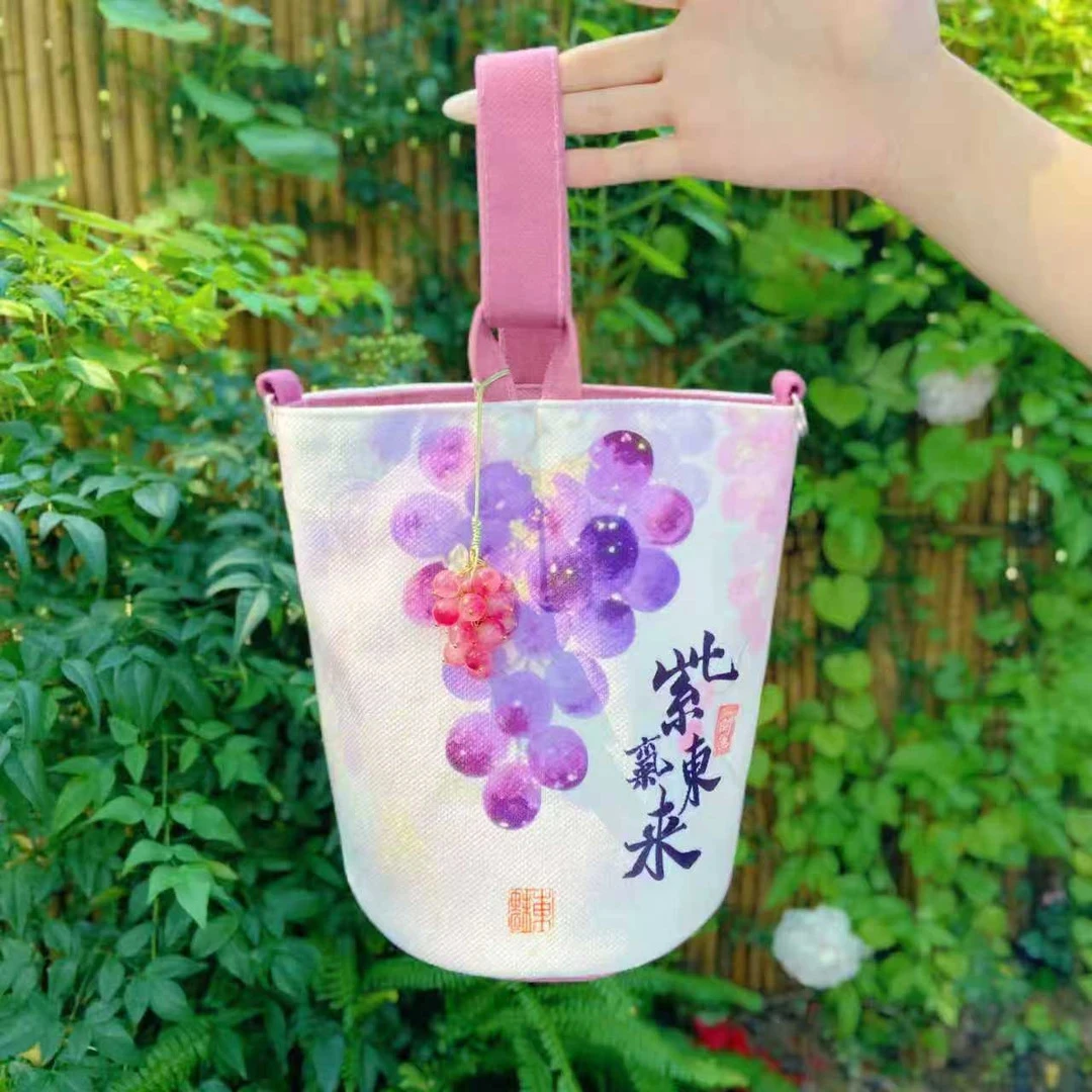 灵隐寺钱袋子帆布包紫气东来夏日紫葡萄水桶包原创设计景区文创包