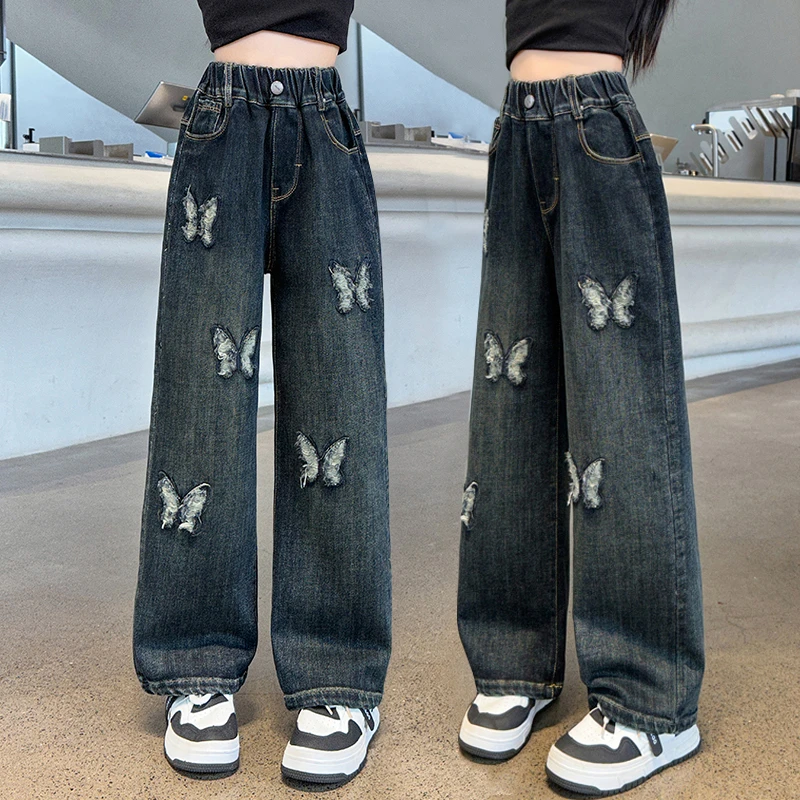 女童加绒牛仔裤秋冬2025新款洋气女孩中大童时髦蝴蝶裤儿童阔腿裤