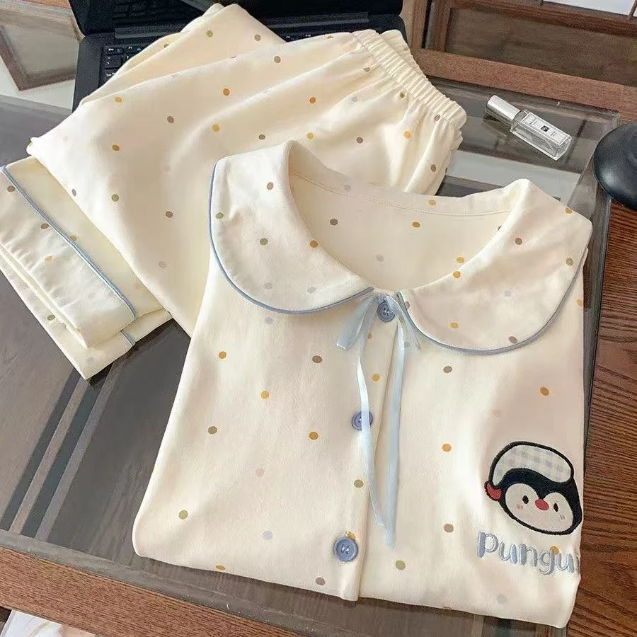 春秋季新款波点企鹅娃娃领棉质甜美风长袖长裤休闲家居服睡衣套装