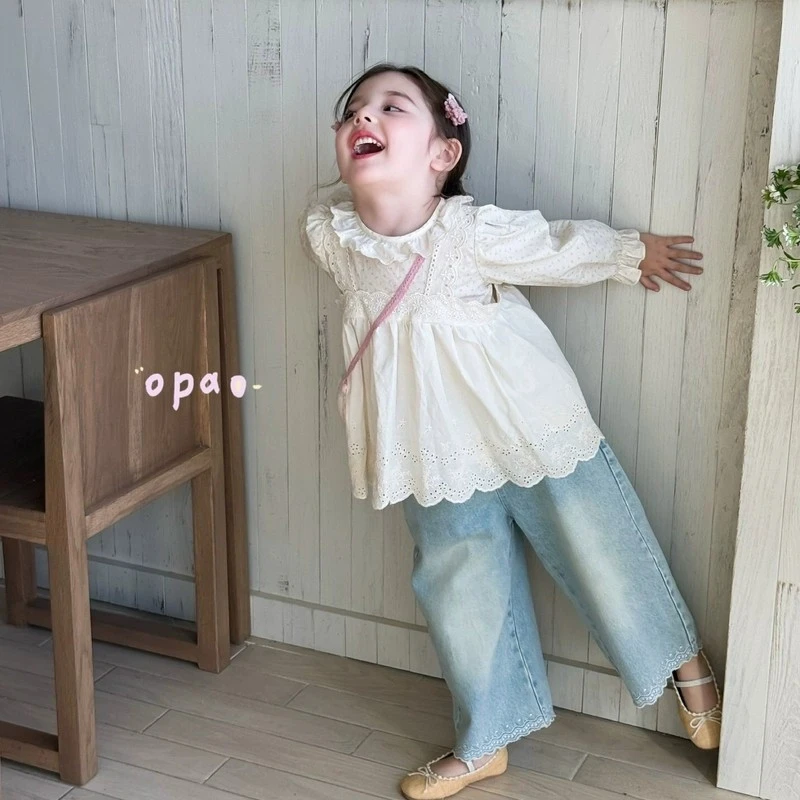 女童花边娃娃衫宝宝衬衣2025新款儿童纯棉衬衫上衣阔腿牛仔裤套装