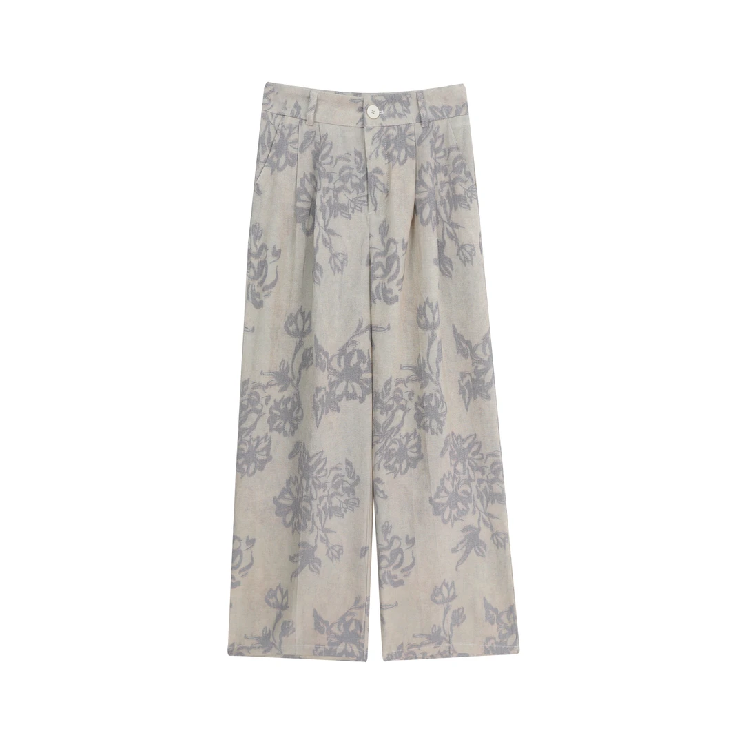 夏季新款老钱风宽松复古印花休闲长裤A12085（赠腰带）