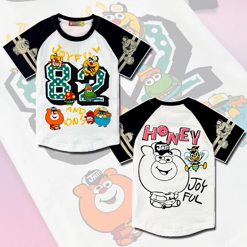 273 82熊款短袖T恤潮牌夏季个性印花纯棉童装插肩袖撞色酷亲子装