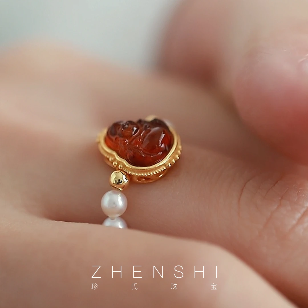 珍氏珠宝天然淡水baby珍珠戒指女 S925银血珀佛公指环戒圈（承宣）