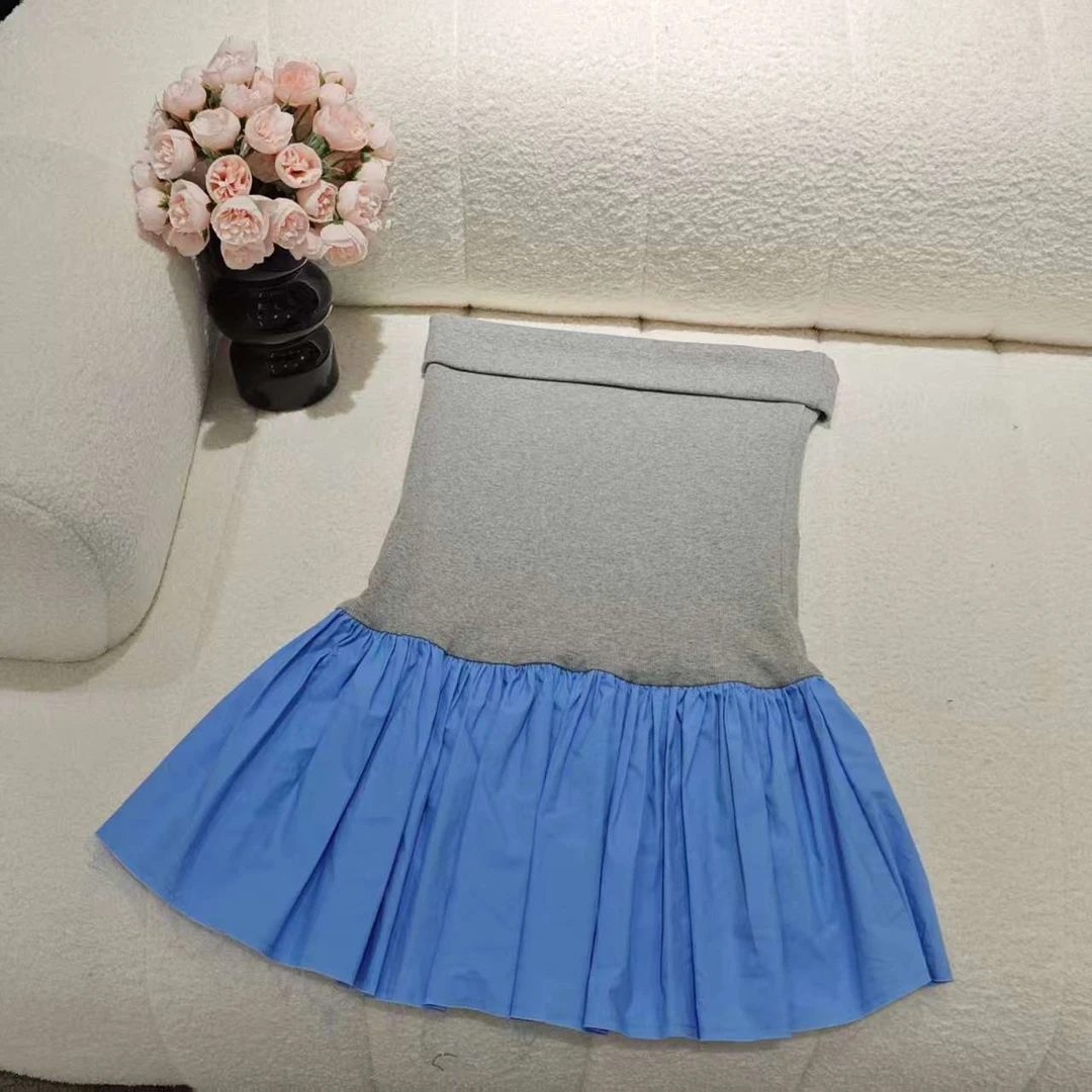 5533撞色拼接抹胸百褶连衣裙学院风字母刺绣连衣裙