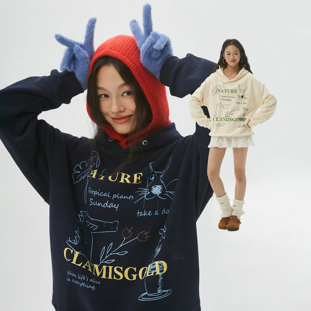 CASD•Clamisgold 植物系花卉动物涂鸦*趣味加绒宽松连帽卫衣男女