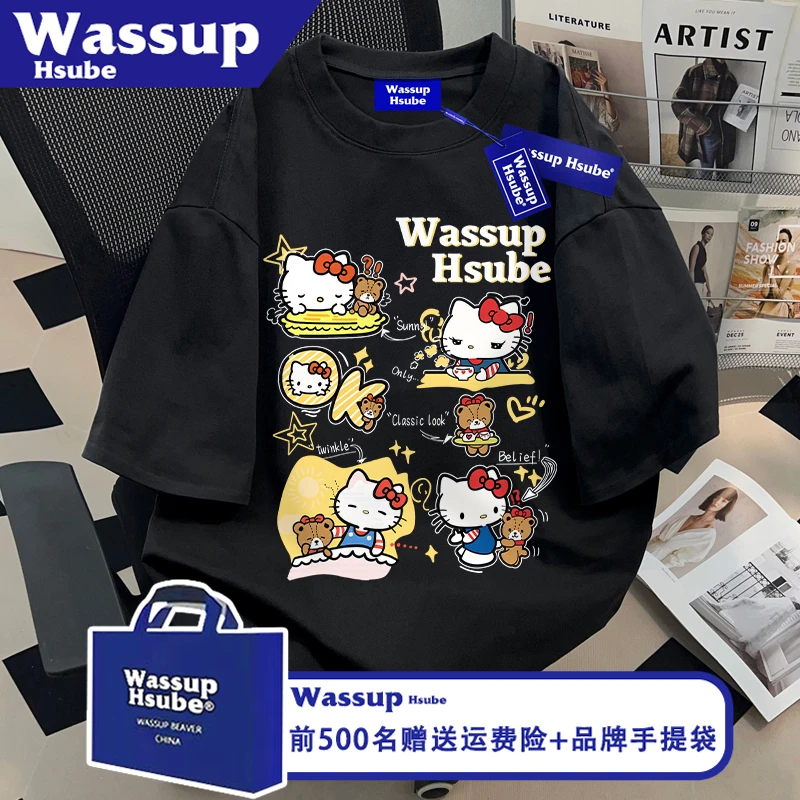 WASSUP HSUBE凯迪猫印花T恤ins简约风黑色男女款上衣夏季纯棉短袖