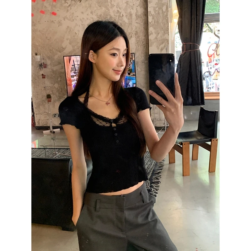 【黑桃A】春夏辣妹纯欲风设计感修身拼接蕾丝T恤251U1153