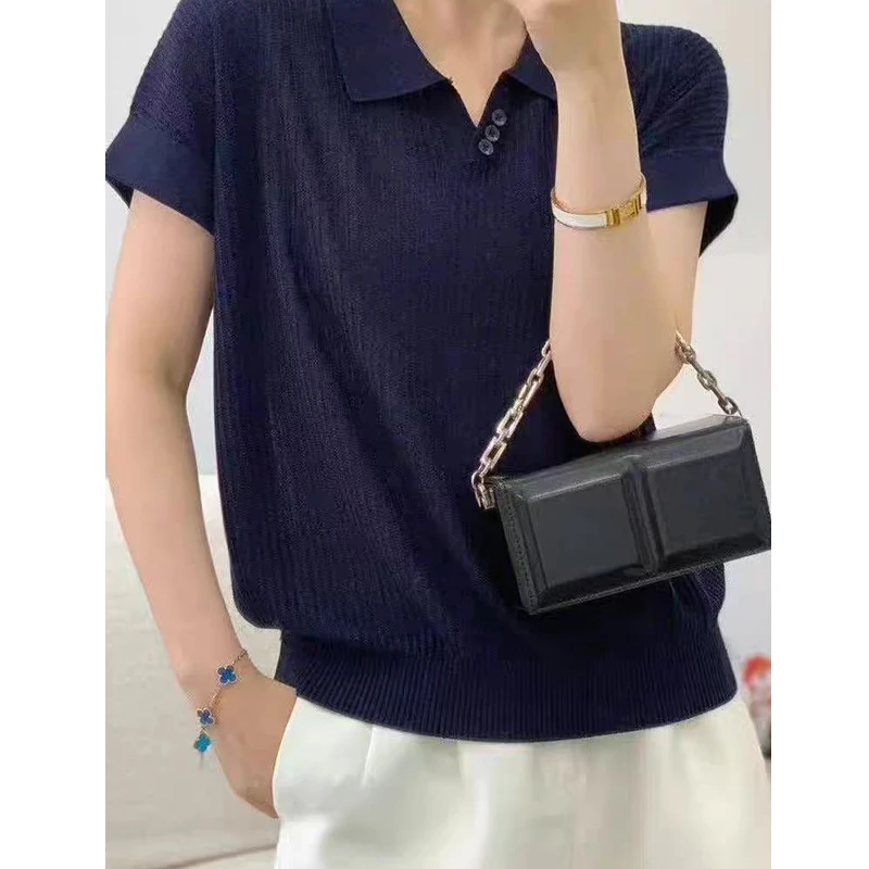 /立夏/ tt夏季蕾丝百搭休闲时尚针织女装上衣纯色圆领短袖女士