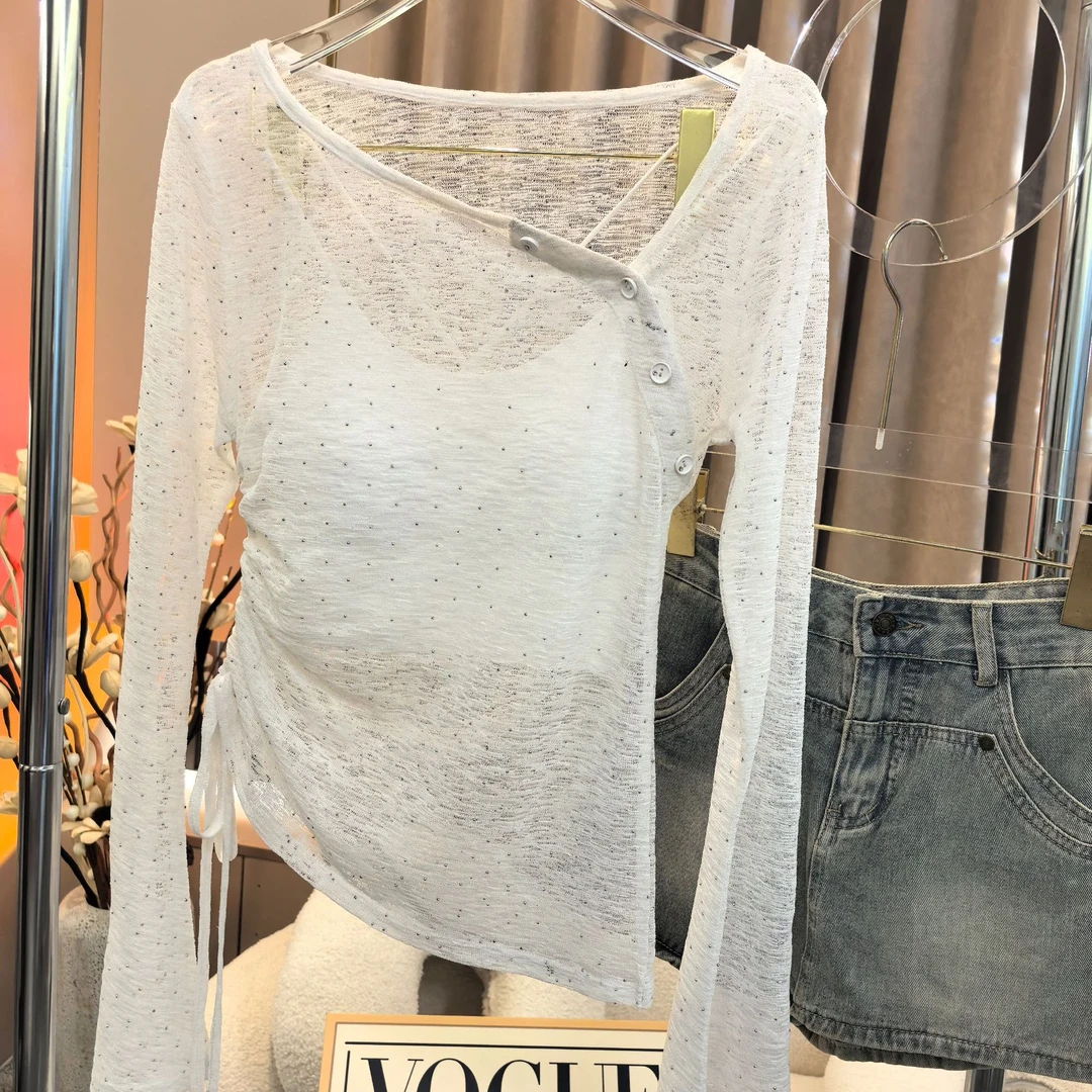 【A9938墨丽】2025早秋修身显瘦百搭长袖防晒纯欲上衣+吊带两件