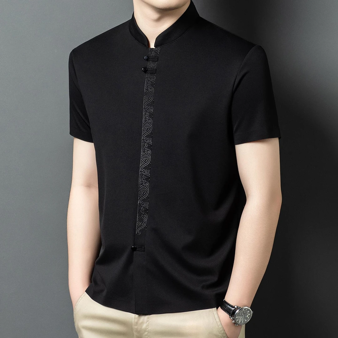 梵基弗奈高档天丝桑蚕丝无痕短袖衬衫男夏季立领中国风刺绣薄衬衣