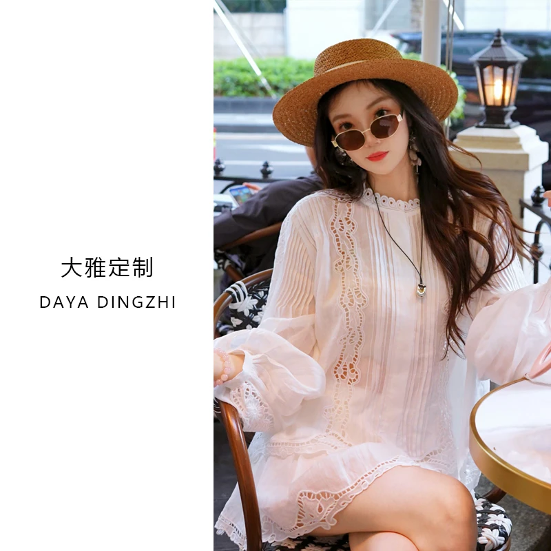 【小雅专属】南油时尚夏季重工蕾丝刺绣白色100苎麻宽松衬衫上衣