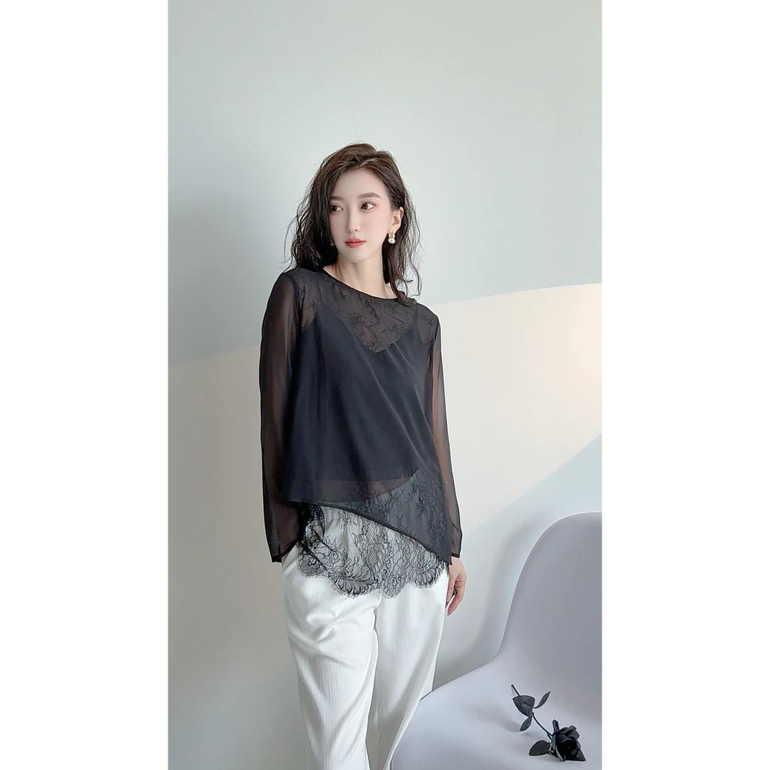 【乔其纱蕾丝假两件】设计师款长袖显瘦圆领上衣