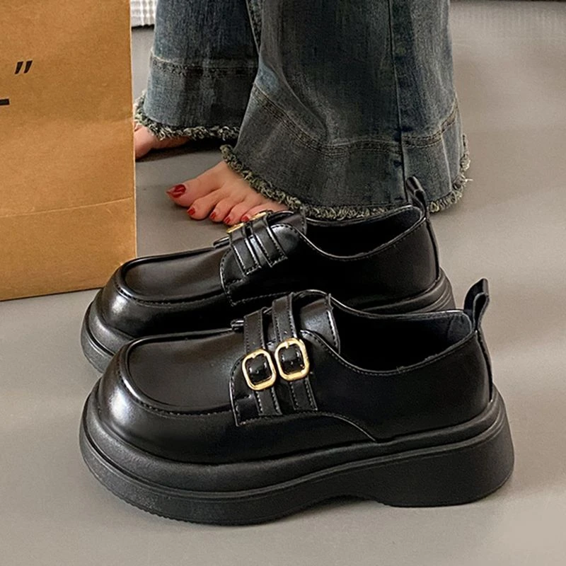 厚底增高乐福鞋女2025年春秋新款复古百搭软底黑色圆头日系小皮鞋