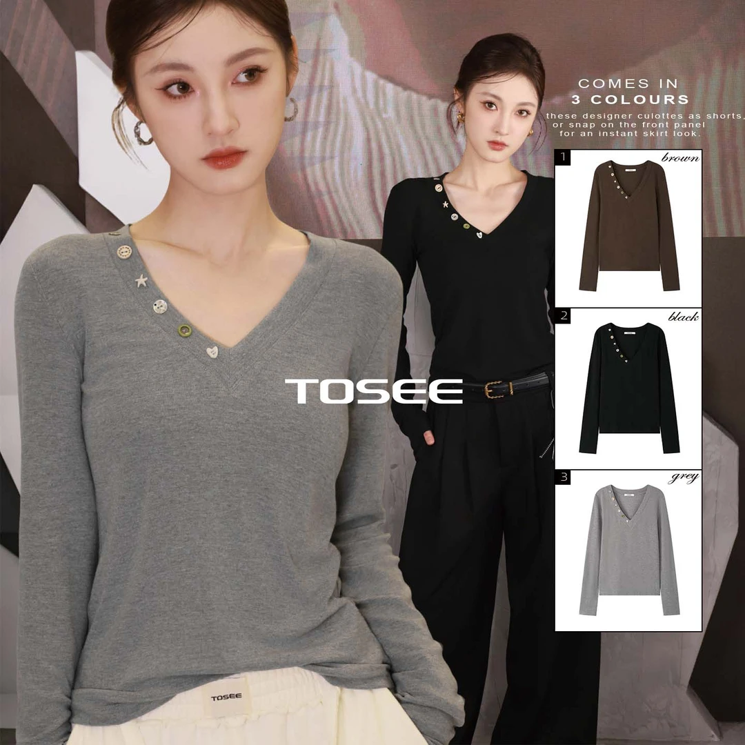 TOSEE 手缝装饰扣V领基础款打底针织T恤弹力修身款TO253SZ0232