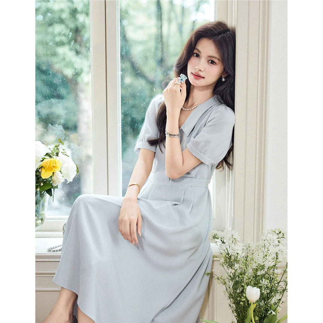 宿本【仲夏之梦】法式连衣裙2025夏季翻领通勤中长款裙子1520800LP