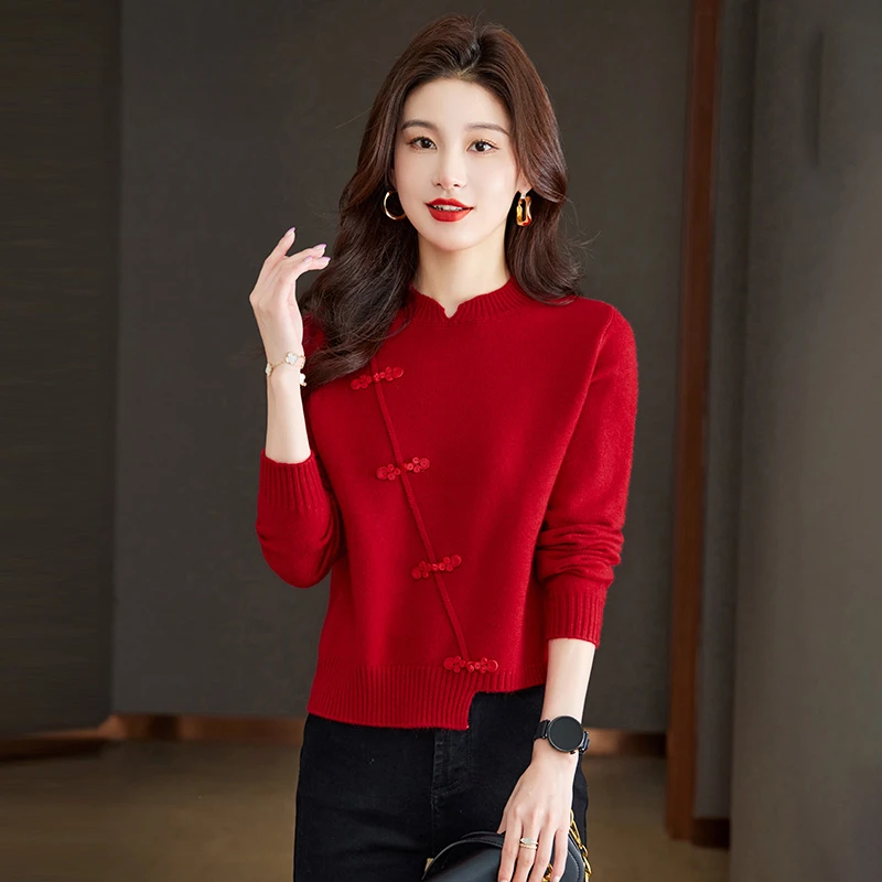 哥弟阿玛施正品纯色纽扣圆领针织衫秋季新款洋气拼接时尚气质上衣