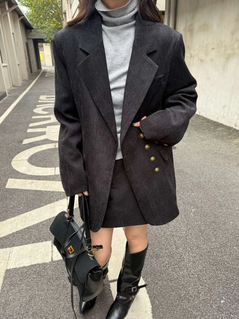 羽绒服内胆配腰带毛呢西装外套女冬季新款高级感收腰加厚西服8905