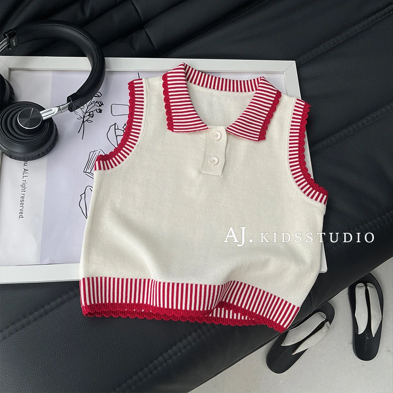 Q现【草莓慕斯】阿卷儿童夏撞色拼接轻薄凉爽针织Polo上衣MPG6389