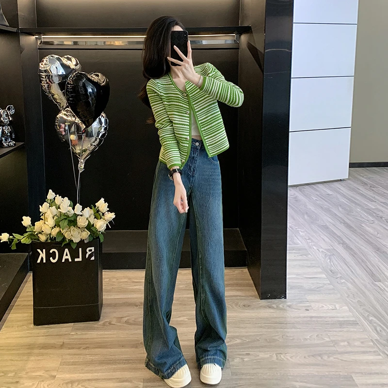 小香风时尚休闲运动套装女春秋新款条纹毛衣小外套牛仔裤两件套潮