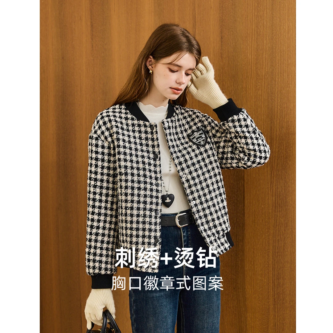 库恩玛维小香风拼接格子棉服女装2025年冬季新款韩版立领棉袄外套