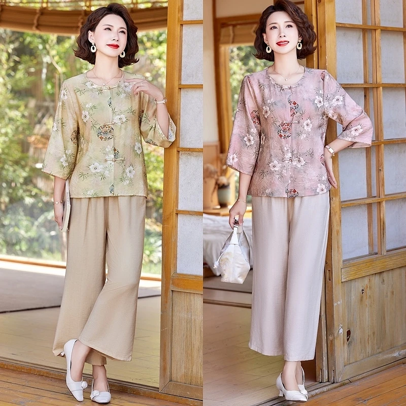 中年妈妈装夏季洋气七分袖衬衫T恤套装50岁中年女新中式国风套装