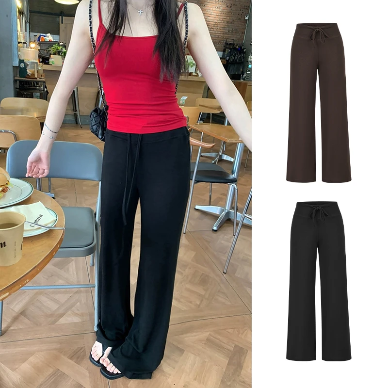 Moses Queen/魔西女王垂感宽松显瘦直筒休闲裤高腰抽绳系带拖地裤