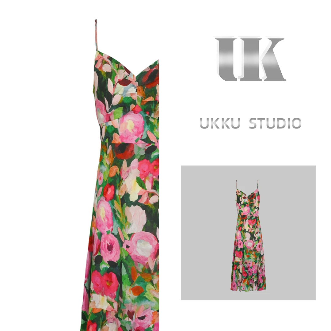 牛【UKKU STUDIO】轻奢设计师玫瑰庄园收腰碎花吊带连衣裙213878