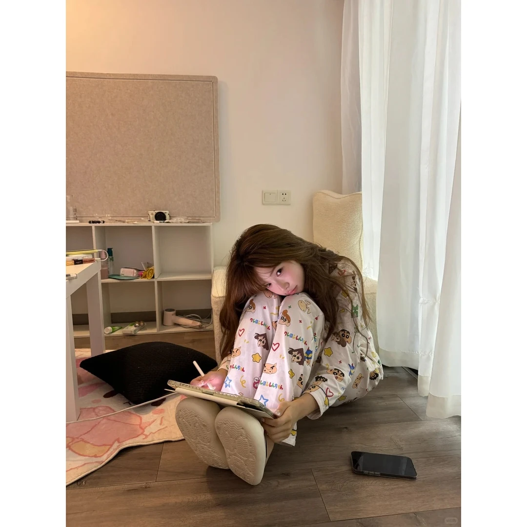 可爱卡通小新印花睡衣女春秋季2025新款长袖长裤家居服套装可外穿