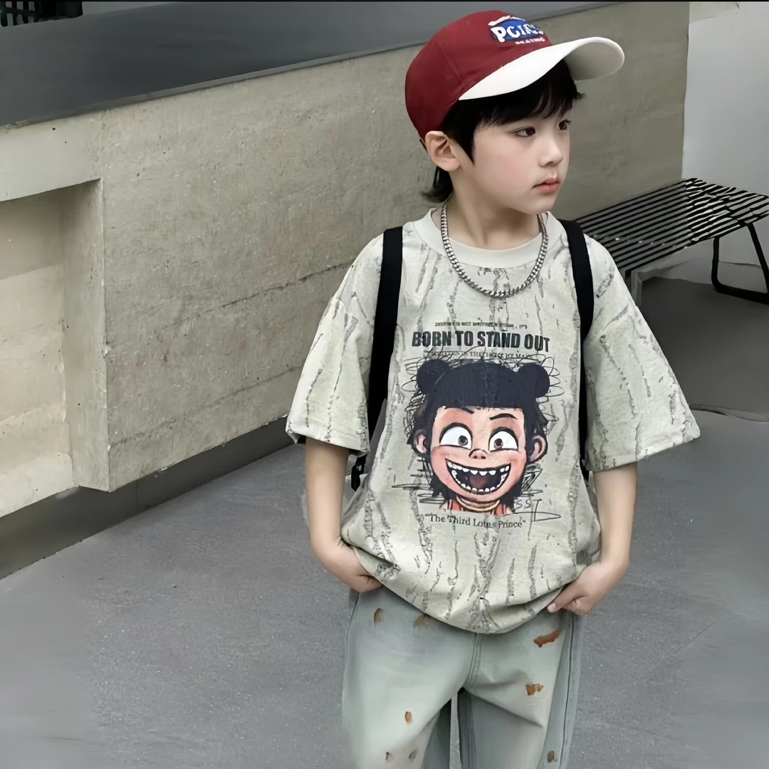 新款2025哪吒夏季男童短袖T恤中大童时尚男孩夏装半袖潮流帅气