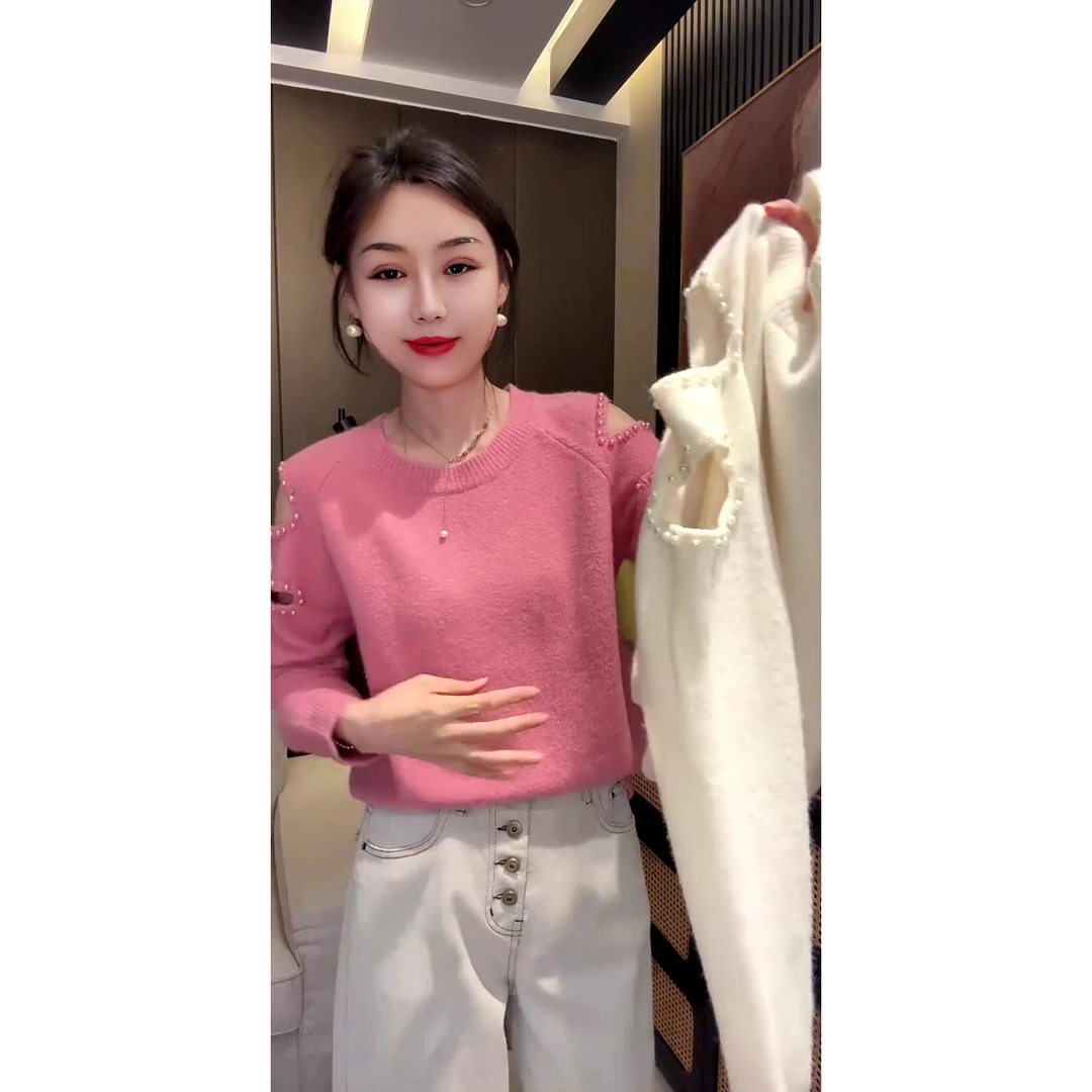 露肩钉珠气质款欧货毛衣秋冬女款时尚潮流针织上衣