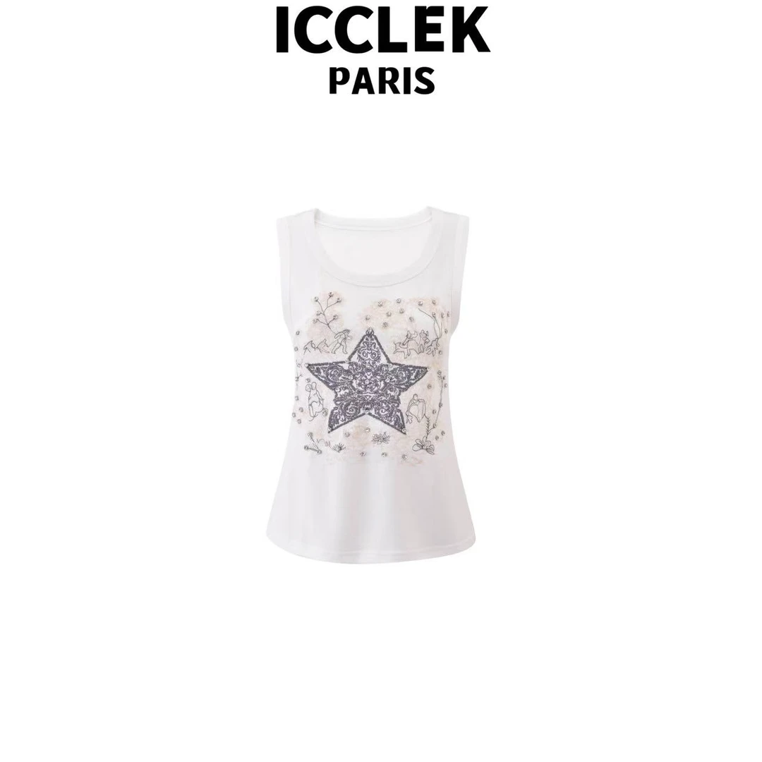 ICCLEK 白色印花钉珠针织背心 百搭 时尚 -5373