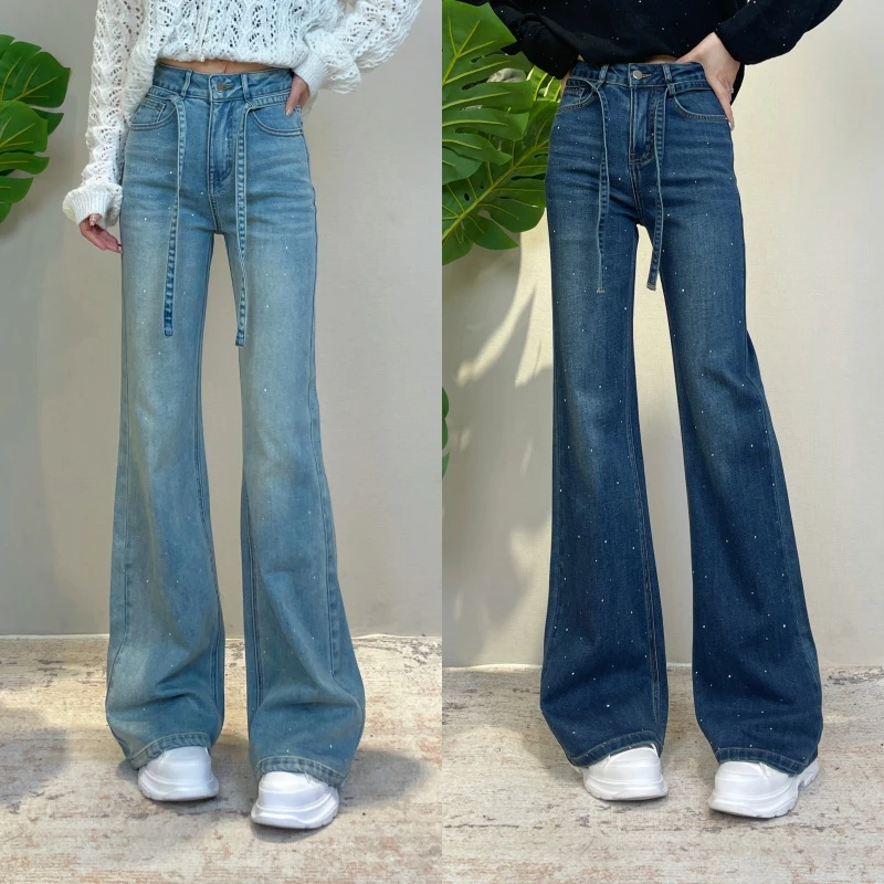 迪否镶钻直筒微喇裤2025春夏新款品质时尚垂感不贴腿牛仔裤6007