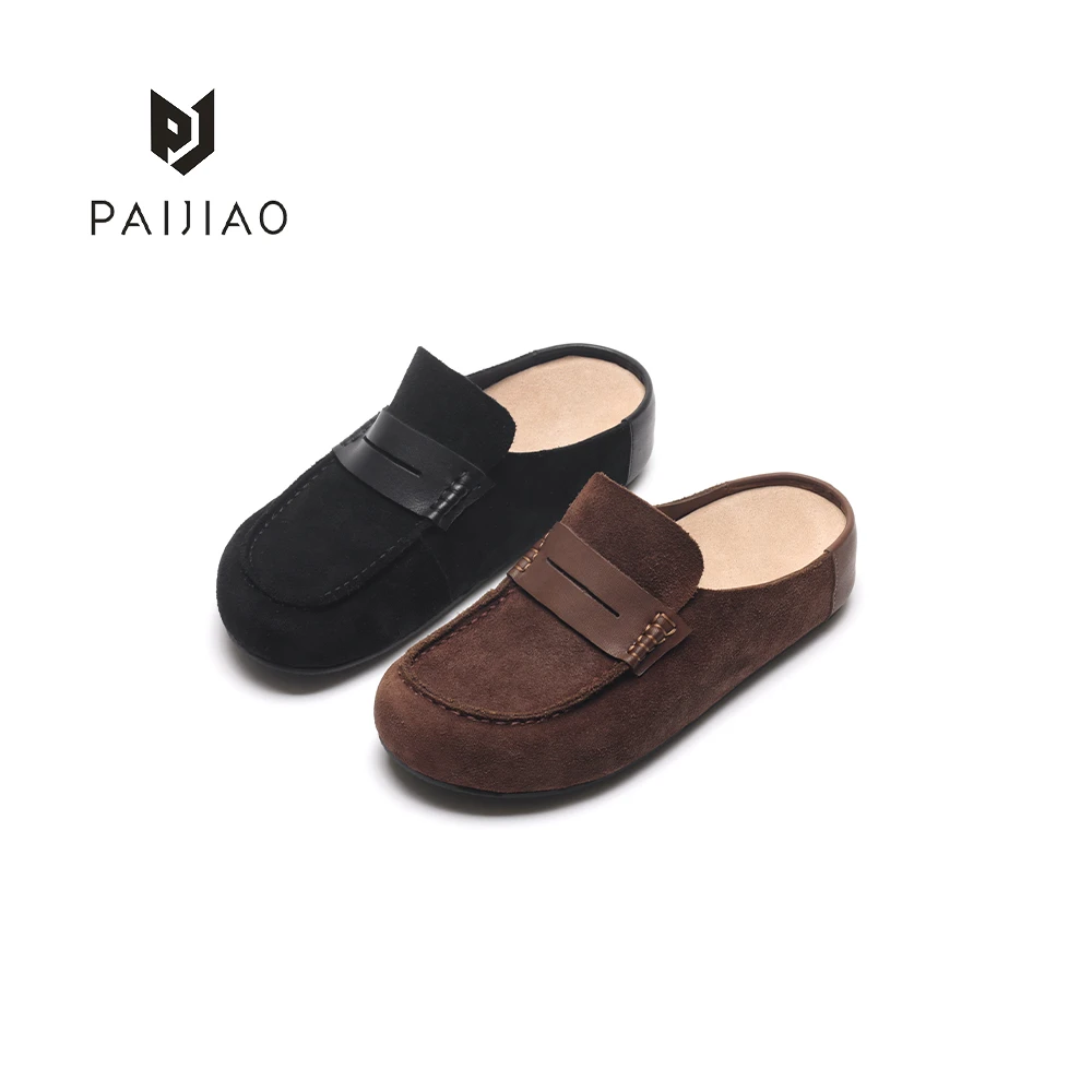 牛皮圆头手工全真皮厚底极简休闲一字勃肯半托包头女鞋3562-21A