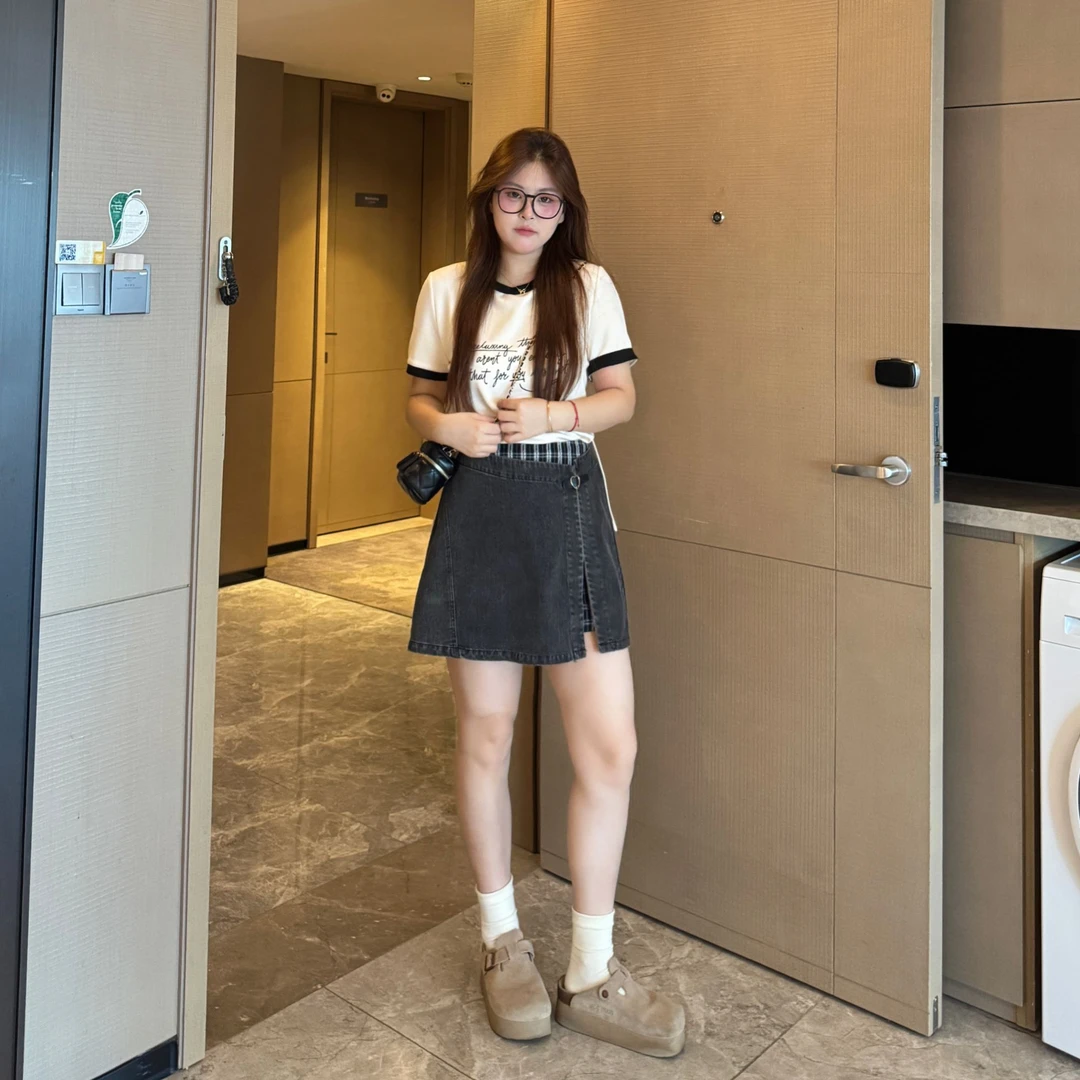 盈盈&南岛风大码女装字母印花撞色短袖夏胖mm高腰裙裤套装ZYY1949