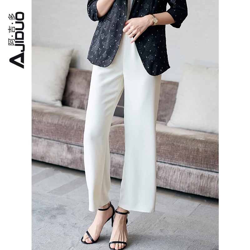 阿吉多黑色冰丝缎阔腿裤女夏2025新款松紧腰直筒宽松显瘦薄款长裤