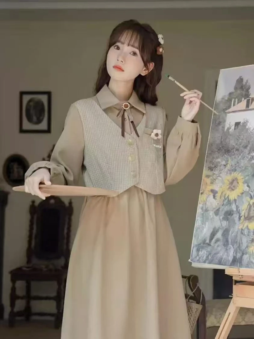秋季拼接文艺风常规长袖连衣裙百褶法式女装学院风小香风春秋显瘦