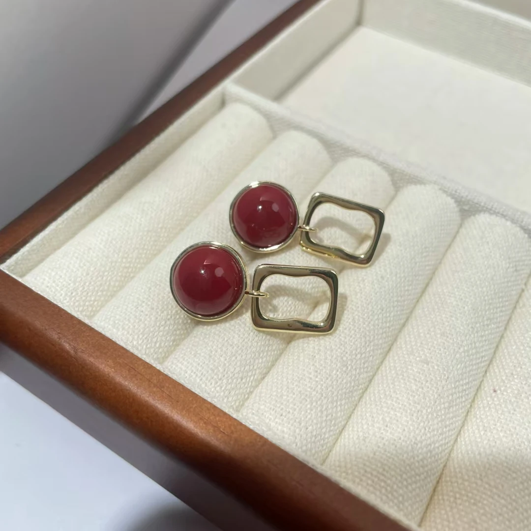 铜合金耳饰 A0901 意★【赤韵方华】复古风经典红色耳钉 铜合金耳饰
