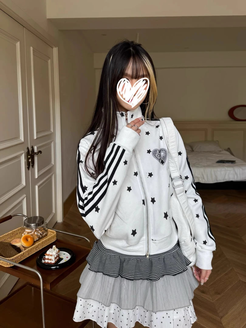 美式复古满印星星烫钻立领卫衣女秋季设计感休闲短款条纹短款外套