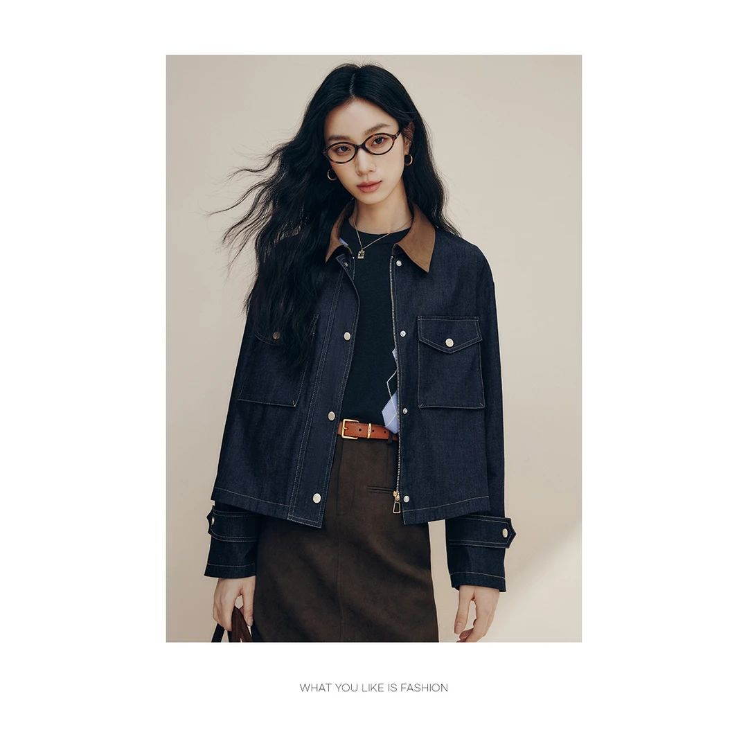 法曼萱巴恩风撞色牛仔工装外套女2025年秋季新款通勤复古牛仔上衣