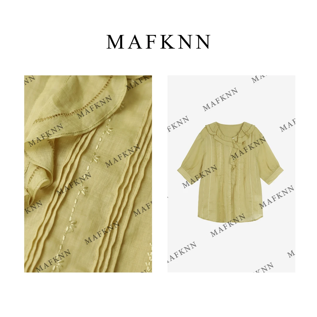 MAFKNN/玛肯时尚休闲简约纯色百搭花边圆领纯色小衫上衣MK12394