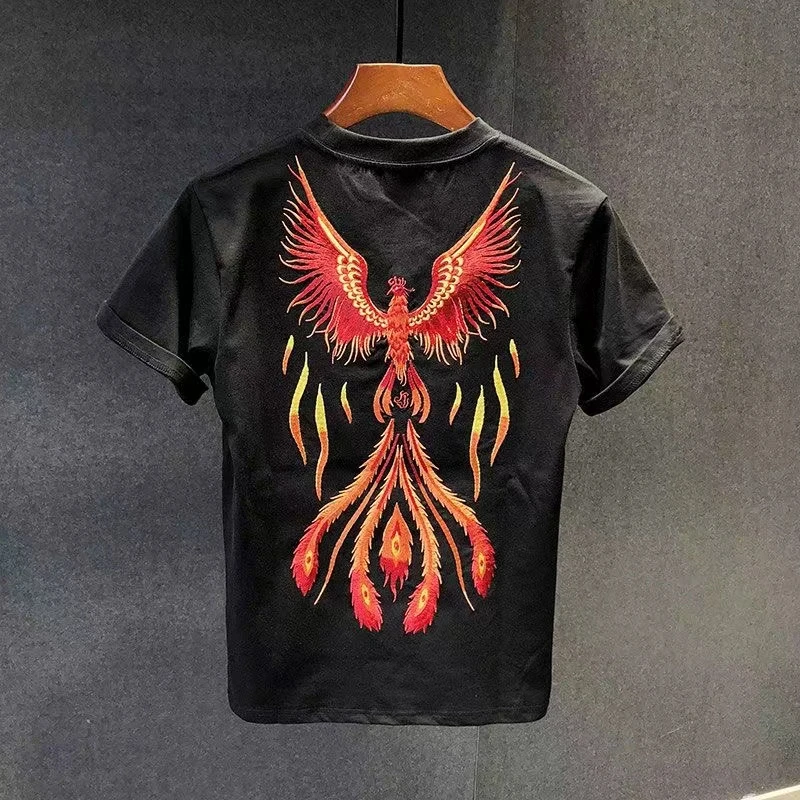 341欧货2025潮牌刺绣火凤凰短袖T恤男女同款情侣半袖