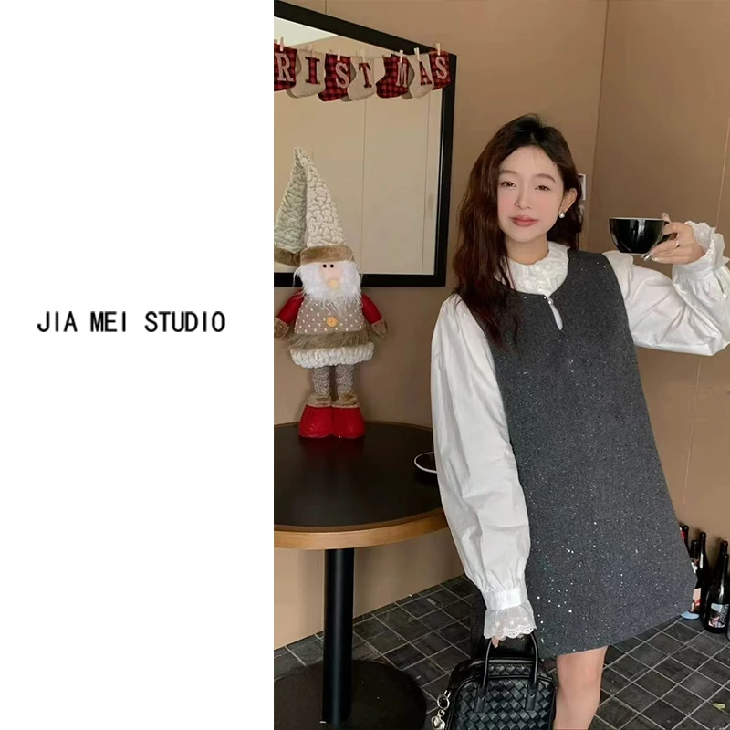 Q023冬新款小香风气质名媛细闪背心连衣裙+长袖衬衫 两件套网红