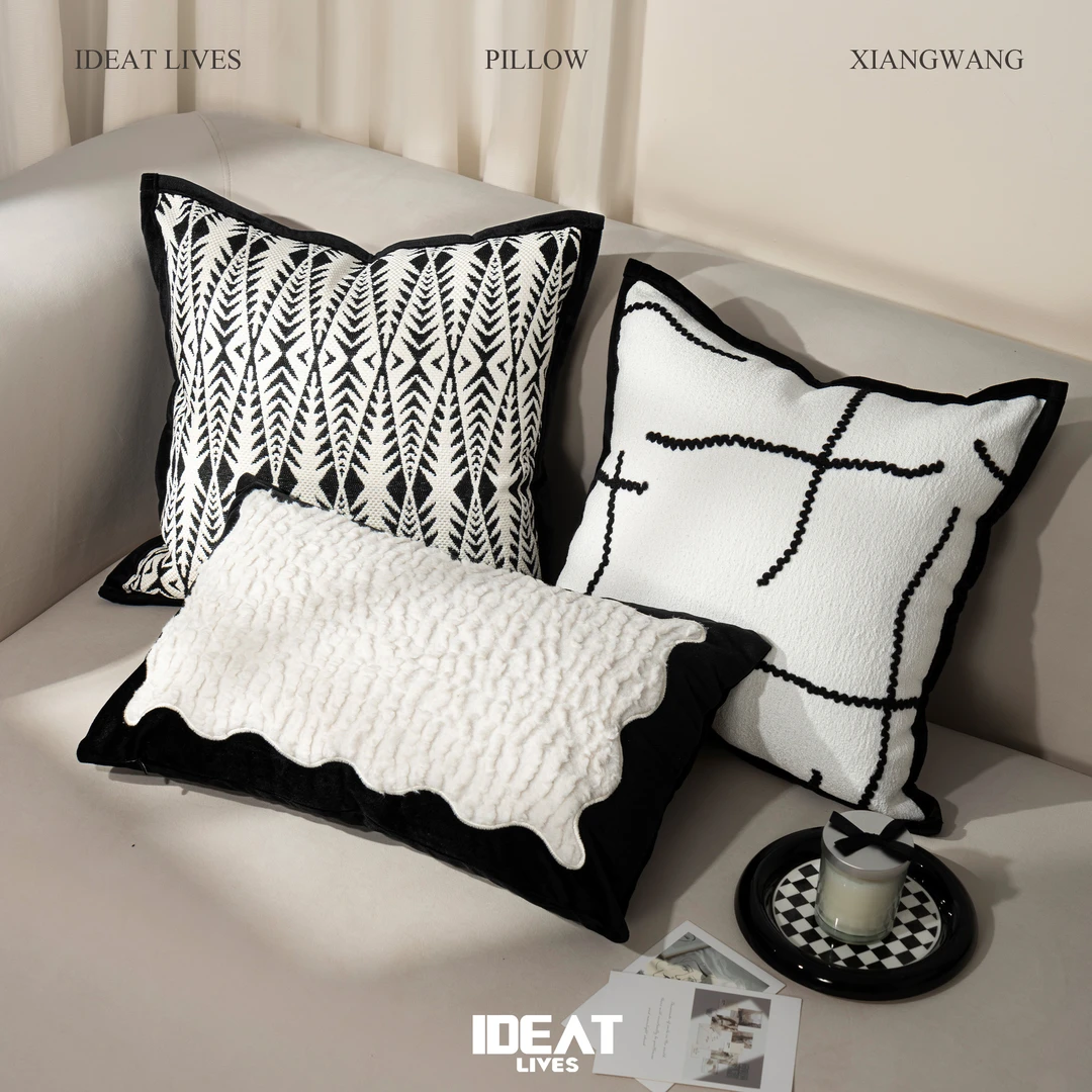 新款黑白现代简约客厅沙发百搭抱枕设计感床头靠垫样板间民宿枕套