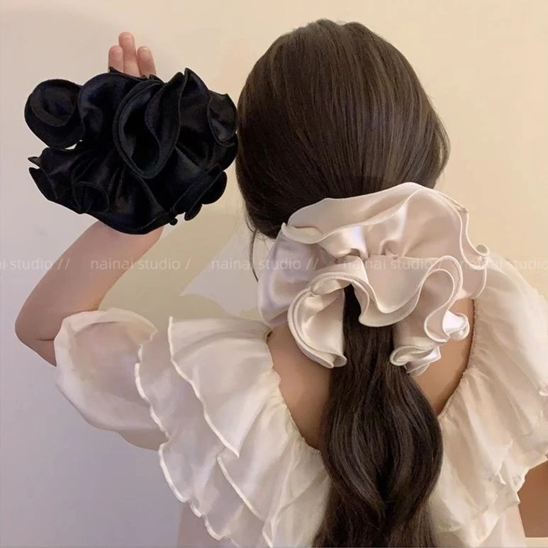 高品质超推荐!缎面褶皱大肠发圈~超仙四层木耳边低丸子头发绳女