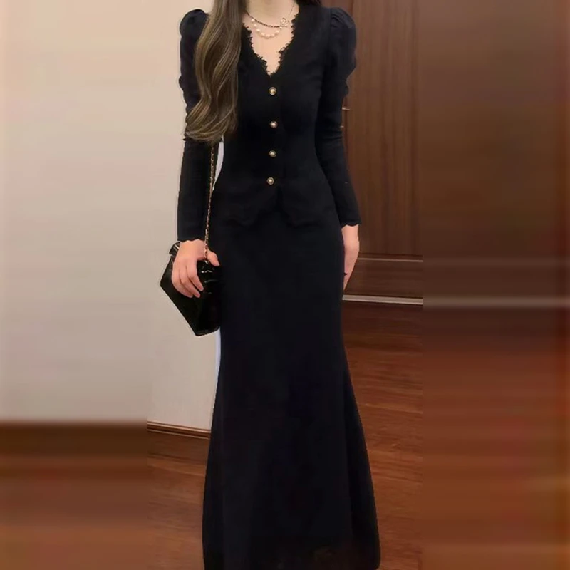 法式黑色针织秋装2025新款小个子香风一整套早秋季穿搭9324