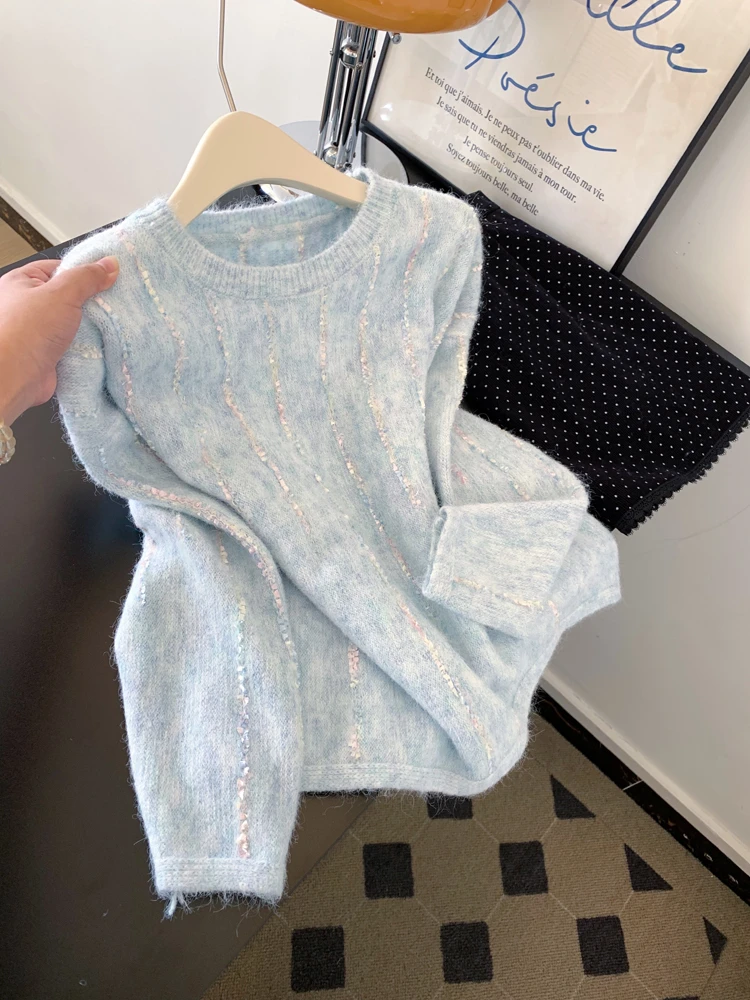韩系软糯圆领蓝色针织毛衣女秋冬新款漂亮减龄内搭打底超好看上衣